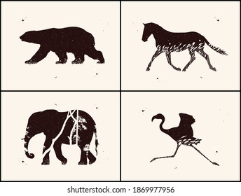 Abstract bear, horse, elephant, flamingo. Animal silhouette set. Night starry sky