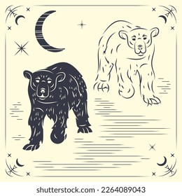 Resumen de ilustraciones de oso. Cartel decorativo con la imagen de animales salvajes en un marco adornado y místico