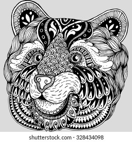 Abstract bear portrait. Ornate isolated vector illustration. Black and white.Hand-drawn. Zentangle