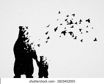 Abstract bears, flying birds. Endangered animal. Black white concept