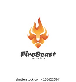 Abstract Beast Animal Lion Head and Fire Flame Illustration Logo Icon