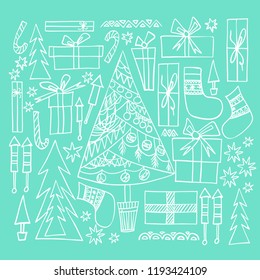 Abstract beautiful artistic graphic lovely holiday new year doodles pattern Christmas tree, presents, fireworks vector hand illustration. Doodle design like chalk on blue background
