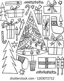 Abstract beautiful artistic graphic lovely holiday new year doodles pattern Christmas tree, presents, fireworks vector hand illustration. Doodle design