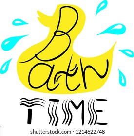 Abstract beautiful artistic graphic lovely cute bath time lettering with yellow duck and blue water spray doodles vector hand illustration. Doodle design