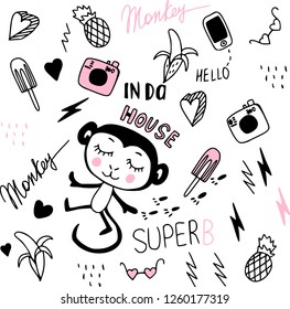 Abstract beautiful artistic graphic lovely cartoon children doodles: monkey, banana, camera, phone, lighting, stars, glasses, hearts, pineapple vector hand illustration. Doodle design