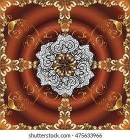 Abstract beautiful background with golden and white floral elements on brown radial background.