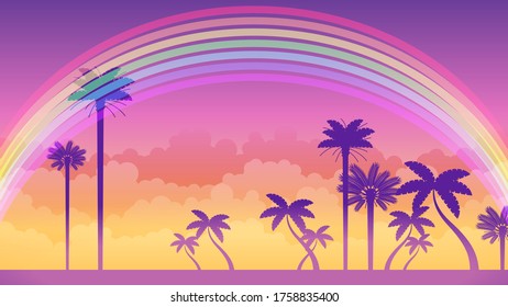 Abstract Beautiful Background Vector With Palm Trees Clouds And Rainbow