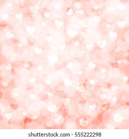 Abstract beautiful blurred bokeh background with white and pink hearts on a pink background. Vector illustration for Valentine's Day 2017. EPS10.