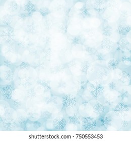 Abstract beautiful blurred bokeh background with snowflakes on blue background. Vector illustration for Christmas and New Year design. EPS10.