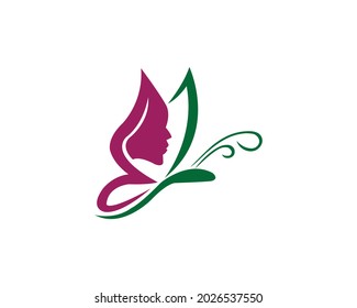 Abstract Beautiful Butterfly Logo Design With Women Face Vector Element.
