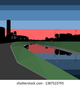 Abstract, beautiful cityscape reflected in the water.