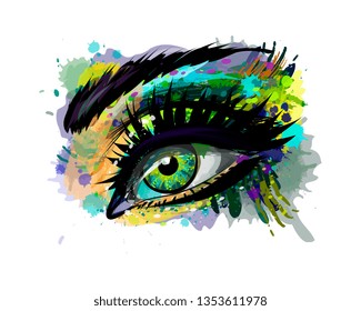 Abstract beautiful female eye from a splash of watercolor, hand drawn sketch. Vector illustration of paints