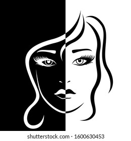 Abstract beautiful female face split in Negative Positive space, black and white conceptual expression, hand drawing illustration