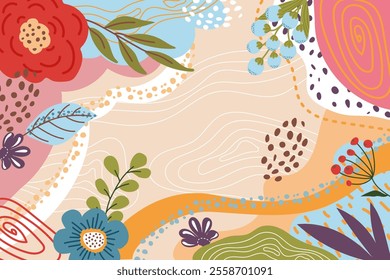 Abstract beautiful floral pattern with flowers, leaves and flower arrangement. Unique trendy colorful colorful background in neutral warm shades. Beautiful floral composition. Vector illustration