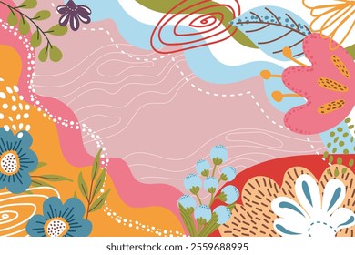 Abstract beautiful floral pattern with flowers, leaves. Beautiful floral arrangement on pink background. Unique trendy colorful colorful colorful background in neutral warm tones. Vector illustration