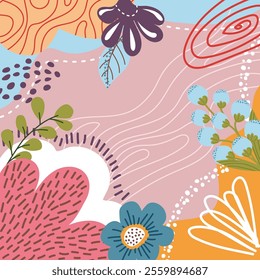 Abstract beautiful floral pattern with flowers, leaves square shape. Beautiful floral composition. Unique trendy colorful colorful colorful background in neutral warm tones. Vector illustration