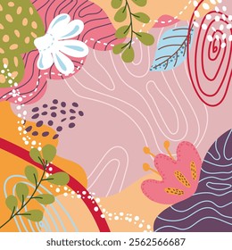 Abstract beautiful floral pattern with flowers, leaves square shape on pink background.Beautiful floral composition.Unique trendy colorful colorful colorful background in neutral warm tones.Vector