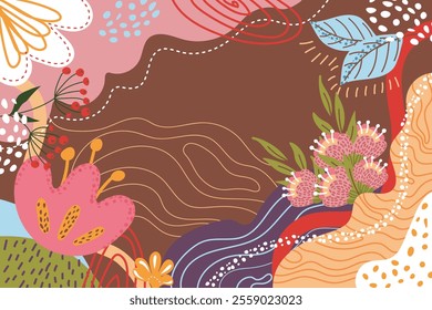 Abstract beautiful floral pattern with flowers,leaves and floral arrangement.Beautiful floral composition on dark background.Unique trendy colorful colorful colorful background in neutral warm tones