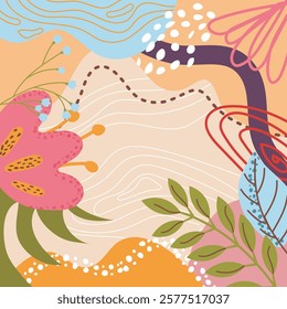 Abstract beautiful floral pattern with leaves and square shaped flowers on beige background. Beautiful floral composition. Unique trendy colorful colorful colorful background in neutral warm tones