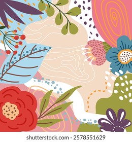 Abstract beautiful floral pattern with leaves and flowers on beige background. Unique trendy colorful colorful colorful background in neutral warm tones. Vector illustration