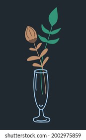 Abstract beautiful  flower and tree branch in glass vase. Modern plant composition  for home decor. Cartoon hand drawn vector illustration isolated on dark blue background