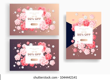 Abstract beautiful flowers vector backgrounds - in rose gold colors - great graphic design for beauty poster, golden flyer, brochure cover, fashion discount voucher, wedding anniversary invitation