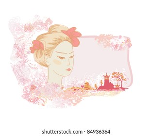 Abstract Beautiful geisha Portrait  and asian landscape