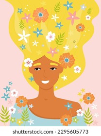Abstract beautiful girl with long hair and flowers. Summer woman is happy. Vector graphics.