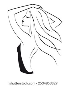 Abstract beautiful girl with long hair. Line art. Decorative female beauty icon. Vector stock illustration.