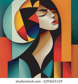 abstract beautiful girl portrait ,oil painting, Colorful background, cubism art style,vector illustration. Ideal for printing on fabric or canvas, poster or wallpaper, t-shirt, house decoration
