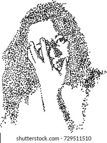 Abstract beautiful girl silhouette. Vector illustration of dot work Scared young woman covering her face