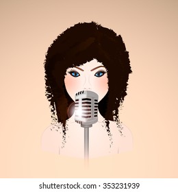 Abstract beautiful girl singing and retro microphone.