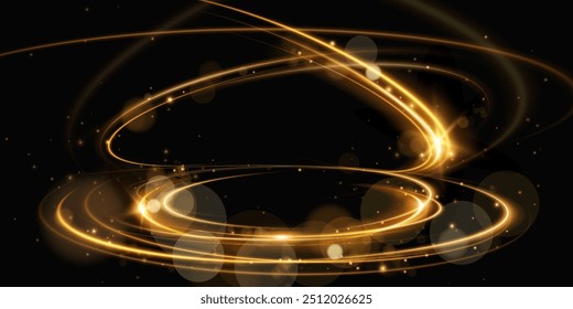 Abstract beautiful golden background. Magical sparks on dark background. Mystical speed streaks, glitter effect. Glow of cosmic rays. Neon lines of speed and fast wind. Glow effect, powerful energy.	