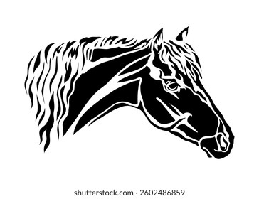 Abstract beautiful horse head silhouette. Horse portrait black and white. Vector illustration, isolated on white background. Template for embroidery, logo, design, tattoo, stencil and laser cutting