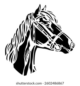 Abstract beautiful horse head silhouette. Horse portrait black and white. Vector illustration, isolated on white background. Template for embroidery, logo, design, tattoo, stencil and laser cutting