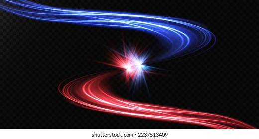 Abstract beautiful light background. Magic sparks on a dark background. Mystical stripes of speed, Blue and red. Shine effect. The glow of cosmic rays. Neon lines of speed and fast wind. Glow effect, 