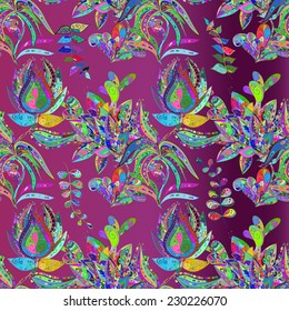 Abstract beautiful lilac gradient background with doodles and colorful branch and flowers. Vector illustration. 