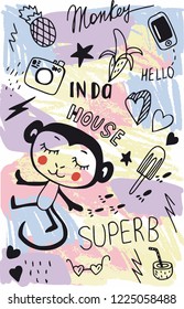 Abstract beautiful lovely cartoon children doodles: monkey, banana, camera, phone, lighting, stars, glasses, hearts, pineapple on color crayons background vector hand illustration. Doodle design
