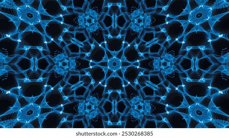 Abstrakter schöner mehrfarbiger Kaleidoskop-Hintergrund. Psychedelisch blaue geometrische Formen. Schöne mehrfarbige kaleidoskopische Textur. Einzigartiges Kaleidoskop-Design. Vektorgrafik.