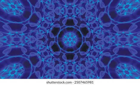 Abstract beautiful multicolor kaleidoscopic background. Psychedelic blue geometric shapes. Beautiful multicolor kaleidoscopic texture. Unique kaleidoscope design in 4K. Vector illustration