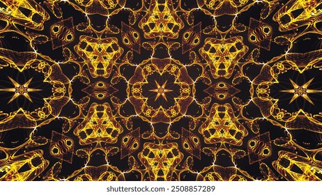 Abstractas hermoso fondo caleidoscópico multicolor. Formas geométricas doradas psicodélicas. Hermosa textura caleidoscópica multicolor. Diseño único del caleidoscopio de la joyería en 4K. Ilustración vectorial