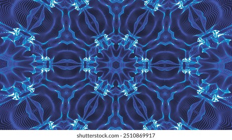 Abstrakt schöne mehrfarbige kaleidoskopische Hintergrund. Psychedelisch blaue geometrische Formen. Schöne mehrfarbige kaleidoskopische Textur. Einzigartiges Kaleidoskop-Design in 4K. Vektorgrafik