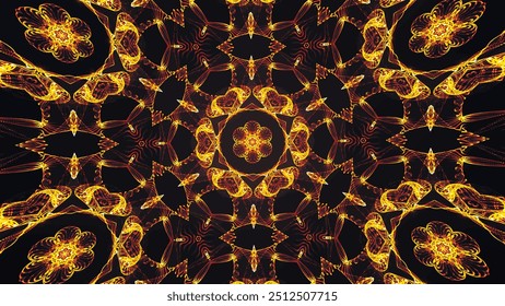 Abstract beautiful multicolor kaleidoscopic background. Psychedelic golden geometric shapes. Beautiful multicolor kaleidoscopic texture. Unique jewelry kaleidoscope design in 4K. Vector illustration