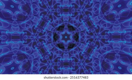 Abstrakt schöne mehrfarbige kaleidoskopische Hintergrund. Psychedelisch blaue geometrische Formen. Schöne mehrfarbige kaleidoskopische Textur. Einzigartiges Kaleidoskop-Design in 4K. Vektorgrafik