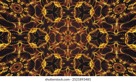 Abstrakt schöne mehrfarbige kaleidoskopische Hintergrund. Psychedelische goldene geometrische Formen. Schöne mehrfarbige kaleidoskopische Textur. Einzigartiges Schmuck Kaleidoskop Design in 4K. Vektorgrafik