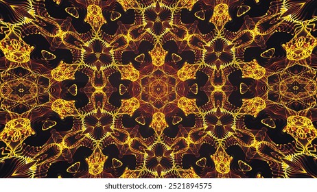 Abstrakt schöne mehrfarbige kaleidoskopische Hintergrund. Psychedelische goldene geometrische Formen. Schöne mehrfarbige kaleidoskopische Textur. Einzigartiges Schmuck Kaleidoskop Design in 4K. Vektorgrafik