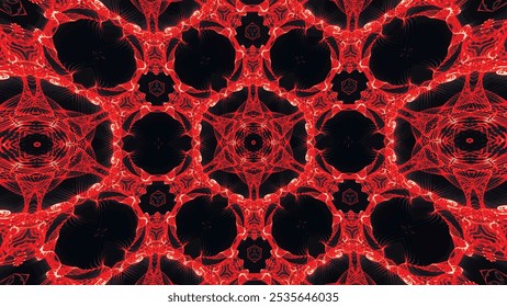 Abstractas hermoso fondo caleidoscópico multicolor. Formas geométricas rojas psicodélicas. Hermosa textura caleidoscópica multicolor. Diseño de caleidoscopio único. Ilustración vectorial.