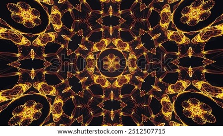 Abstract beautiful multicolor kaleidoscopic background. Psychedelic golden geometric shapes. Beautiful multicolor kaleidoscopic texture. Unique jewelry kaleidoscope design in 4K. Vector illustration