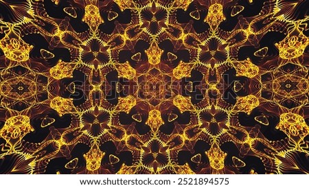 Abstract beautiful multicolor kaleidoscopic background. Psychedelic golden geometric shapes. Beautiful multicolor kaleidoscopic texture. Unique jewelry kaleidoscope design in 4K. Vector illustration