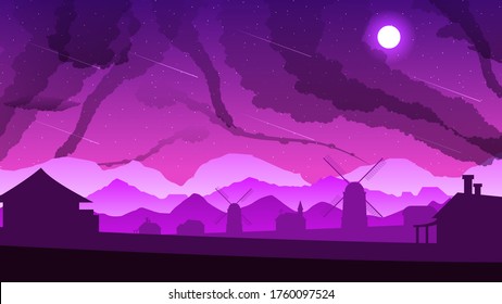 Abstract Beautiful Night Background Vector With House Clouds And Moon Design